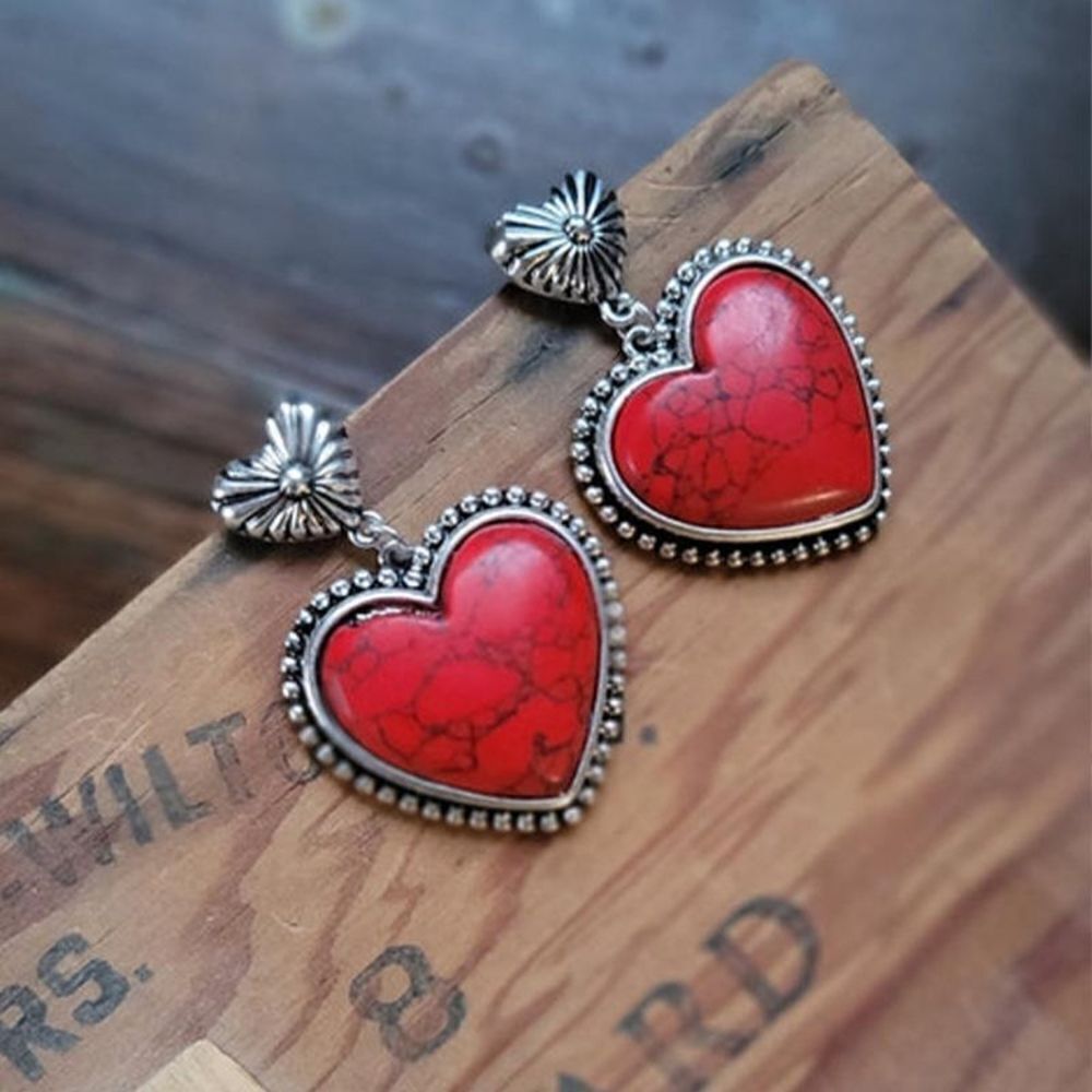 ♡♡♡ Deep Red Stone Alloy Heart Dangle Earrings
